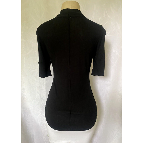 FRAME Tie Neck Top Black Half Sleeve Knit Blouse Round Neck Jersey Stret… - Picture 5 of 6